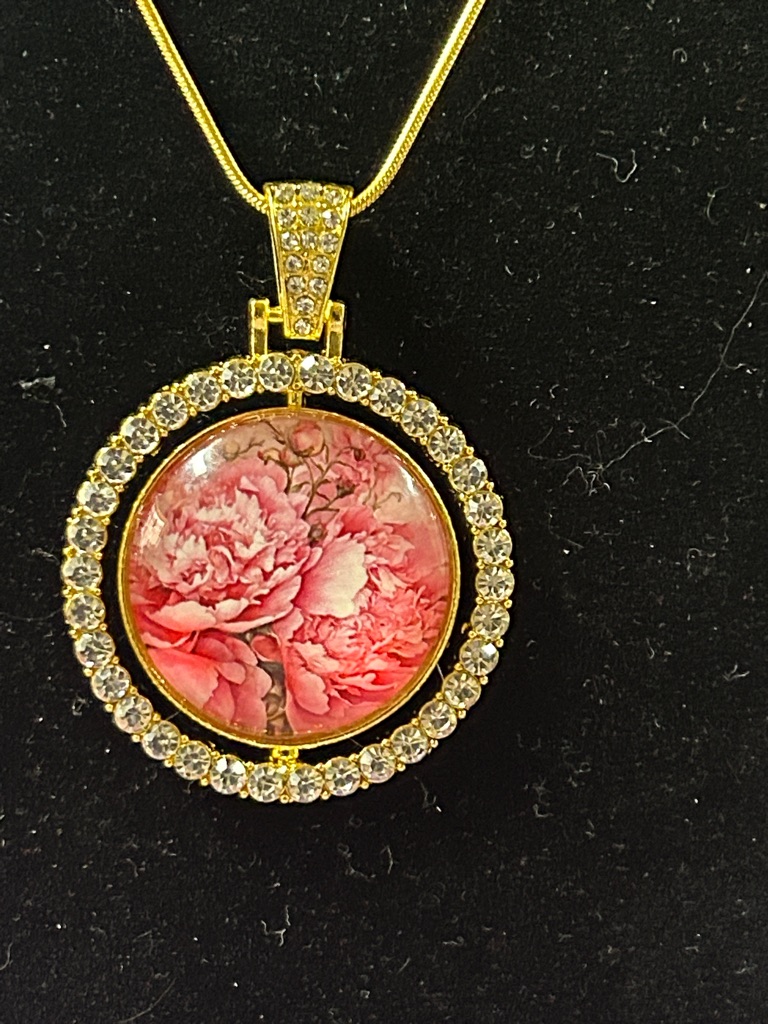 Gold Floral Pink 1”Pendant Necklace Double Sided With Matching Bracelet